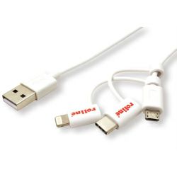 Roline USB2.0 kabel za punjenje i prijenos podataka, 8pin + MicroB + Type-C, bijeli, 1.0m