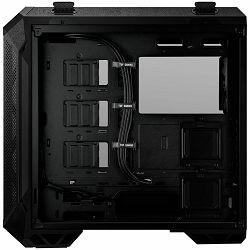 ASUS TUF Gaming GT501 case supports up to EATX with metal front panel, tempered-glass side panel, 120 mm RGB fan, 140 mm PWM fan, radiator space reserved, and USB 3.1 Gen 1