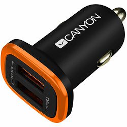 CANYON Universal  2xUSB car adapter, Input 12V-24V, Output 5V-2.1A, with Smart IC, black rubber coating with orange electroplated ring(without LED backlighting)