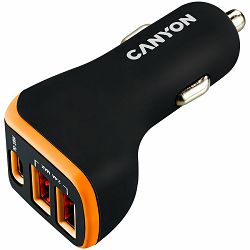 CANYON Universal 3xUSB car adapter, Input 12V-24V, Output DC USB-A 5V/2.4A(Max) + Type-C PD 18W, with Smart IC, Black+Orange with rubber coating, 71*39*26.2mm, 0.028kg