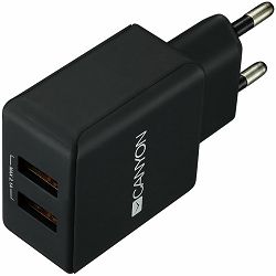 CANYON Universal 2xUSB AC charger (in wall) with over-voltage protection, Input 100V-240V, Output 5V-2.1A, with Smart IC, black rubber coating with side parts+glossy with other parts