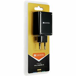 CANYON Universal 4xUSB AC charger (in wall) with over-voltage protection, Input 100V-240V, Output 5V-5A, with Smart IC, black glossy color+orange plastic part of USB