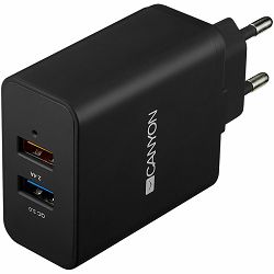 CANYON Universal 2xUSB AC charger (in wall) with over-voltage protection(1 USB with Quick Charger QC3.0), Input 100V-240V, Output USB/5V-2.4A+QC3.0/5V-2.4A&9V-2A&12V-1.5A, with Smart IC, Black rubber 