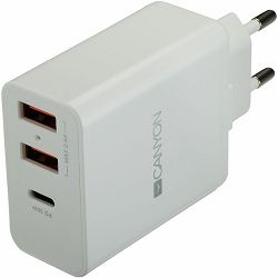 CANYON Universal 3xUSB AC charger (in wall) with over-voltage protection(1 USB-C with PD Quick Charger), Input 100V-240V, OutputUSB-A/5V-2.4A+USB-C/PD30W, with Smart IC, White Glossy Color+ orange pla