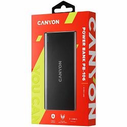 CANYON PB-106 Power bank 10000mAh Li-poly battery, Input 5V/2A, Output 5V/2.1A(Max), USB cable length 0.3m, 140*68*16mm, 0.24Kg, Black