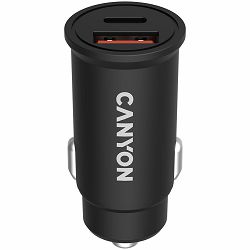 CANYON С-20B03, PD 30W/QC3.0 18W Pocket size car charger with 1-USB A+ 1-USB-C Input: DC12V-24V, Output: USBC: PD30W( 5V3A/9V3A/12V2.5A/15V2A/20V1.5A),USB-A:QC3.0 18W (5V3A