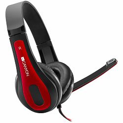 CANYON entry price PC headset with microphone, combined 3.5mm plug, leather pads, Flat cable length  2.0m, 160*60*160mm, 0.13kg, Black-red