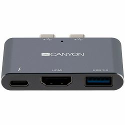 CANYON DS-1 Multiport Docking Station with 3 port, with Thunderbolt 3 Dual type C male port, 1*Thunderbolt 3 female+1*HDMI+1*USB3.0. Input 100-240V, Output USB-C PD100W&USB-A 5V/1A, Aluminium alloy, S