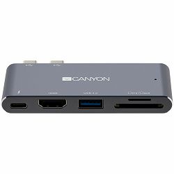 CANYON DS-5 Multiport Docking Station with 5 port, with Thunderbolt 3 Dual type C male port, 1*Thunderbolt 3 female+1*HDMI+1*USB3.0+1*SD+1*TF. Input 100-240V, Output USB-C PD100W&USB-A 5V/1A, Aluminiu