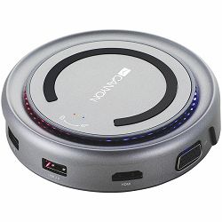 Canyon Multiport Docking Station with 5 port, with wireless charger 10W, 2*Type C+1*HDMI+1*VGA+1*USB3.0+1*USB2.0. Input 100-240V, Output USB-C PD100W&USB-A 5V/1A, cable length type c-c 0.3m+micro USB 