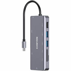 CANYON 9 in 1 USB C hub, with 1*HDMI: 4K*30Hz,1*Gigabit Ethernet,, 1*Type-C PD charging port, Max 100W PD input. 2*USB3.0,transfer speed up to 5Gbps. 1*USB 2.0, 1*SD, 1*3.5mm audio jack, cable 18cm, A