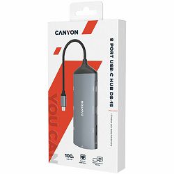 CANYON 8 in 1 hub, with 1*HDMI,1*Gigabit Ethernet,1*USB C female:PD3.0 support max60W,1*USB C male :PD3.0 support max100W,2*USB3.1:support max 5Gbps,1*USB2.0:support max 480Mbps, 1*SD, cable 15cm, Alu