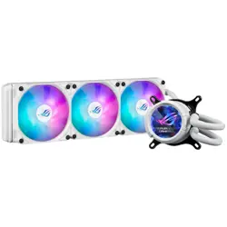 ASUS ROG Strix LC III 360 ARGB LCD White Edition all-in-one liquid CPU cooler with latest generation Asetek’s Gen7 v2 pump and three ROG 120 mm ARGB radiator fans