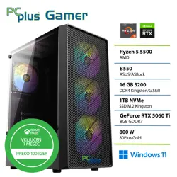 PCPLUS Gamer Ryzen 5 5500 16GB 1TB RTX 5060Ti 8GB Windows 11 Home + Xbox GP gaming namizni računalnik