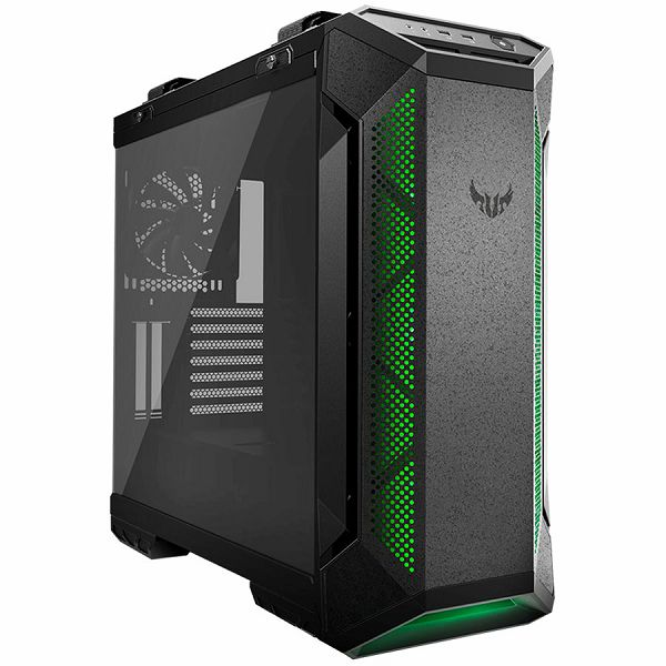 ASUS TUF Gaming GT501 case supports up to EATX with metal front panel, tempered-glass side panel, 120 mm RGB fan, 140 mm PWM fan, radiator space reserved, and USB 3.1 Gen 1
