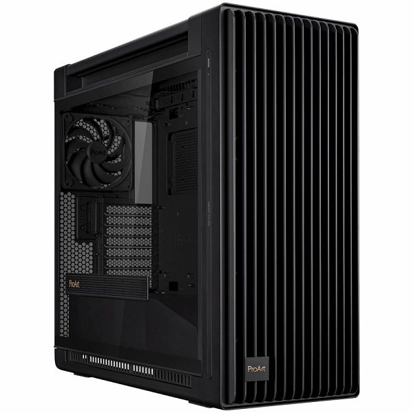 ASUS ProArt PA602 E-ATX Computer case, 420 mm radiator support, one 140 mm and two 200mm pre-installed system fans, front panel IR dust indicator, power lock latch, tool-less PCIe mounting, USB 20Gbps