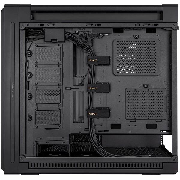 ASUS ProArt PA602 E-ATX Computer case, 420 mm radiator support, one 140 mm and two 200mm pre-installed system fans, front panel IR dust indicator, power lock latch, tool-less PCIe mounting, USB 20Gbps