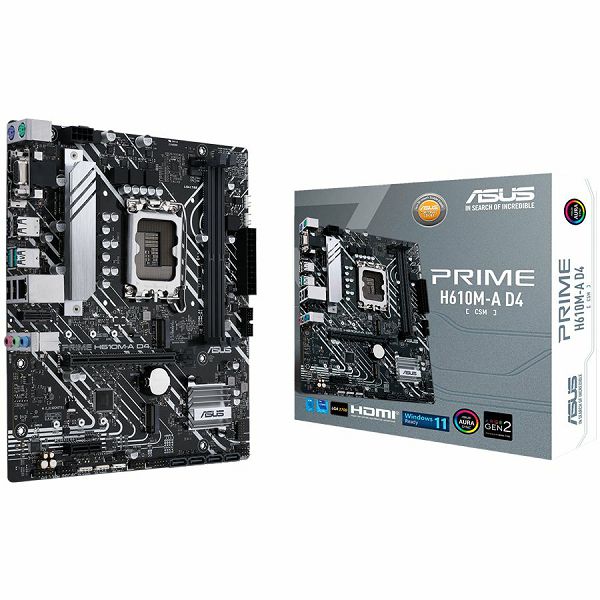 ASUS PRIME H610M-A D4-CSM LGA1700 mATX MB - Intel H610 2xDIMM DDR4 2xM.2 4xSATA PCIe 4.0 1Gb Ethernet 1xD-SUB 1xDisplayPort 1xHDMI with Addressable Gen 2 headers and Aura Sync