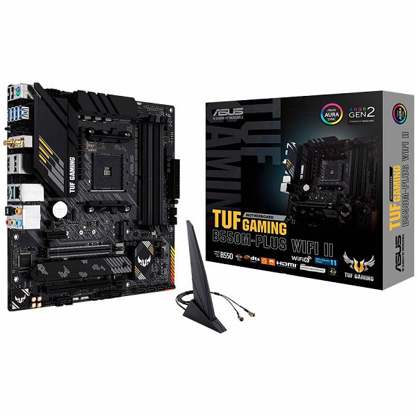 ASUS TUF GAMING B550M-PLUS WIFI II AM4 mATX gaming MB - AMD B550 4xDIMM DDR4 2xM.2 4xSATA PCIe 4.0 2.5Gb Ethernet WiFi 6 + Bluetooth 1xDisplayPort 1xHDMI with Aura Sync RGB lighting support