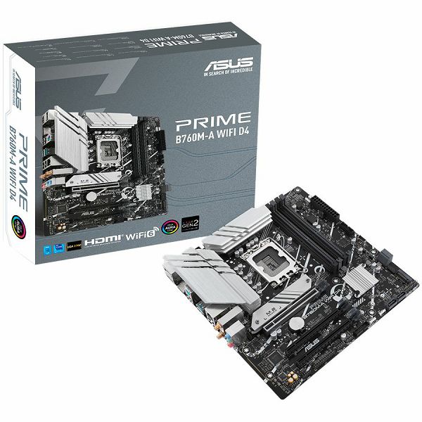 ASUS PRIME B760M-A WIFI D4 LGA1700 mATX MB - Intel B760 4xDIMM DDR4 2xM.2 4xSATA PCIe 4.0 2.5Gb Ethernet WiFi 6 + Bluetooth 1xDisplayPort 2xHDMI with Aura Sync support