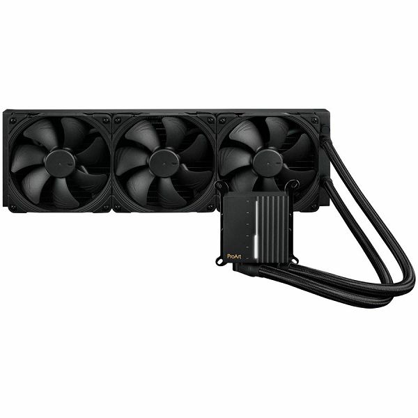 ASUS ProArt LC 420 all-in-one CPU liquid cooler with illuminated system status meter and three Noctua NF-A14 industrialPPC-2000 PWM 140mm radiator fans
