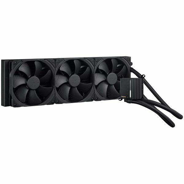 ASUS ProArt LC 420 all-in-one CPU liquid cooler with illuminated system status meter and three Noctua NF-A14 industrialPPC-2000 PWM 140mm radiator fans