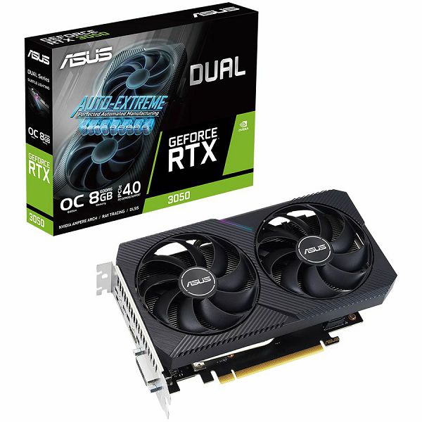 ASUS Video Card NVidia Dual GeForce RTX 3050 V2 OC Edition 8GB GDDR6 VGA with two powerful Axial-tech fans and a 2-slot design for broad compatibility, PCIe 4.0, 1xDVI-D, 1xHDMI 2.1, 1xDisplayPort 1.4