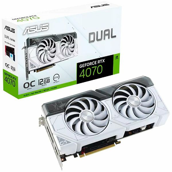 ASUS Video Card NVidia Dual GeForce RTX 4070 White OC Edition 12GB GDDR6X VGA with two powerful Axial-tech fans and a 2.56-slot design for broad compatibility, PCIe 4.0, 1xHDMI 2.1, 3xDisplayPort 1.4a