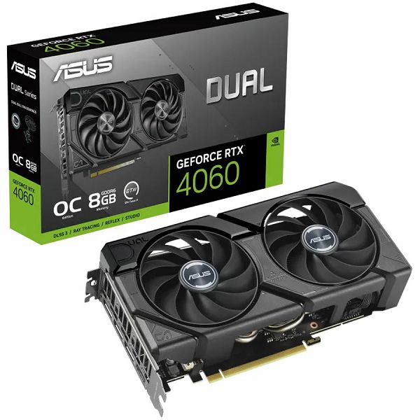 ASUS Video Card NVidia Dual GeForce RTX 4060 EVO OC Edition 8GB GDDR6 VGA with two powerful Axial-tech fans and a protective backplate for broad compatibility, PCIe 4.0, 1xHDMI 2.1a, 3xDisplayPort 1.4