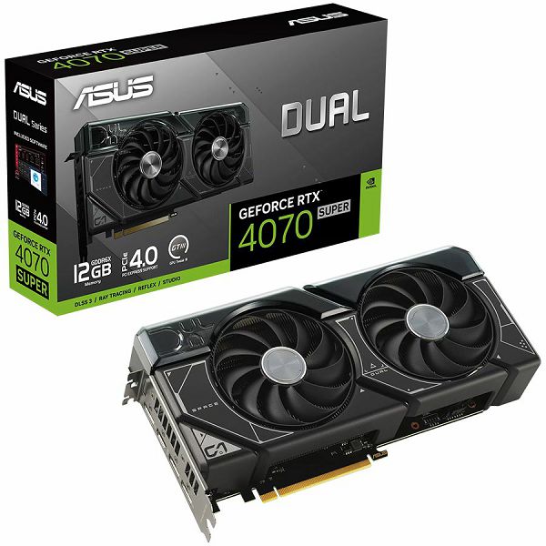ASUS Video Card NVidia Dual GeForce RTX 4070 SUPER 12GB GDDR6X VGA with two powerful Axial-tech fans and a 2.56-slot design for broad compatibility, PCIe 4.0, 1xHDMI 2.1a, 3xDisplayPort 1.4a