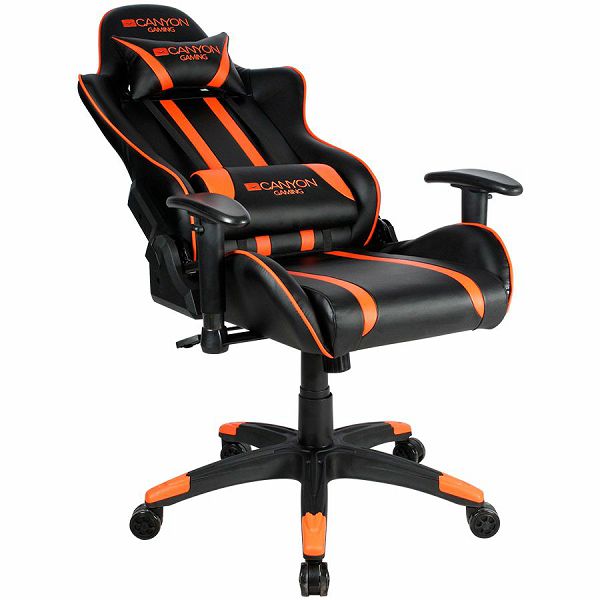 Gaming chair, PU leather, Cold molded foam, Metal Frame,  Butterfly mechanism, 90-150 dgree, 2D armrest, Class 4 gas lift, Nylon 5 Stars Base, 60mm PU caster, black+Orange.