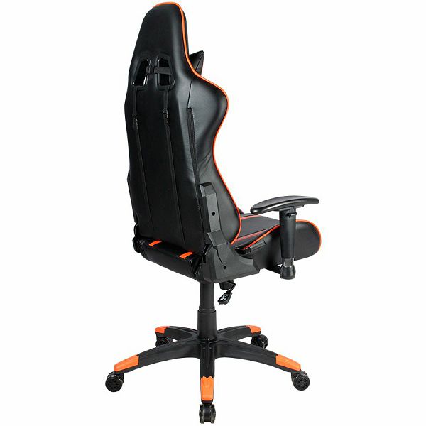 Gaming chair, PU leather, Cold molded foam, Metal Frame,  Butterfly mechanism, 90-150 dgree, 2D armrest, Class 4 gas lift, Nylon 5 Stars Base, 60mm PU caster, black+Orange.