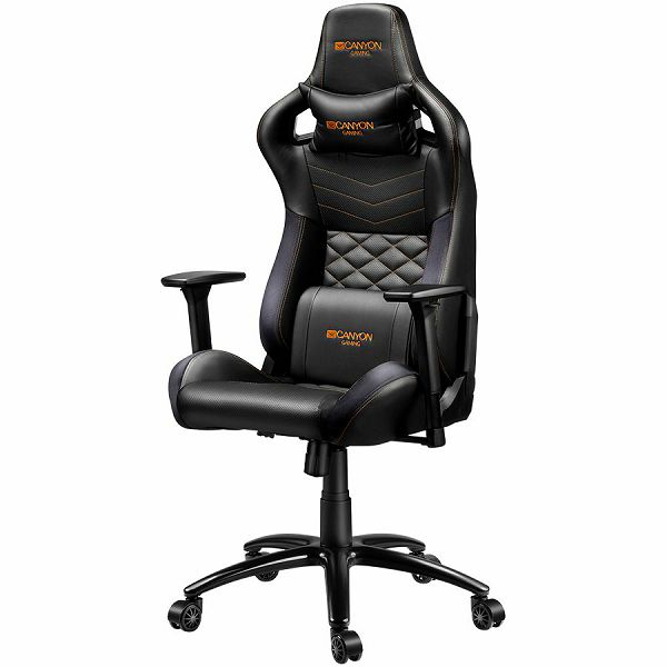 Gaming chair, PU leather, Cold molded foam, Metal Frame, Butterfly mechanism, 90-150 dgree, 3D armrest, Class 4 gas lift, metal base ,60mm Nylon Castor, black and orange stitching