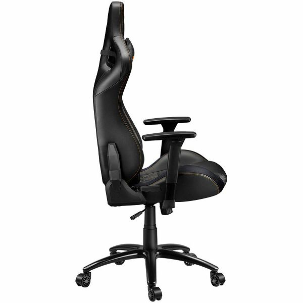 Gaming chair, PU leather, Cold molded foam, Metal Frame, Butterfly mechanism, 90-150 dgree, 3D armrest, Class 4 gas lift, metal base ,60mm Nylon Castor, black and orange stitching