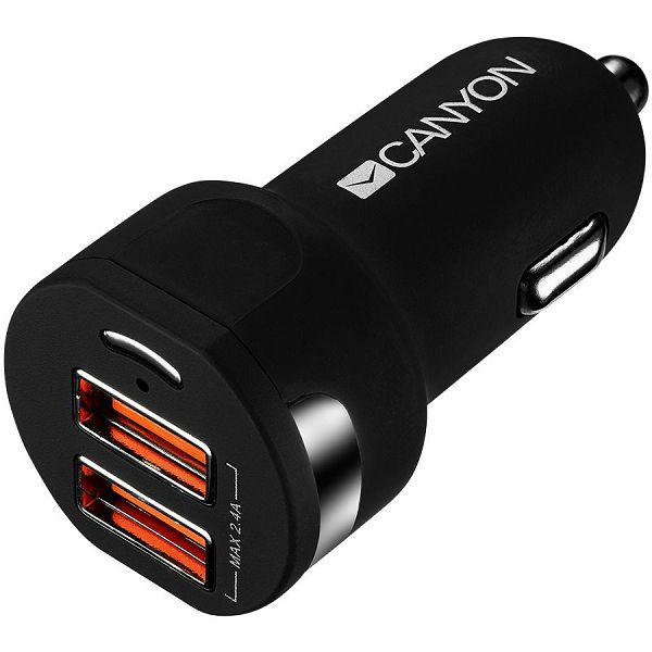 CANYON Universal  2xUSB car adapter, Input 12V-24V, Output 5V-2.4A, with Smart IC, black rubber coating with silver electroplated ring