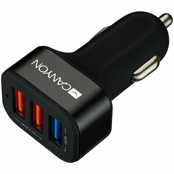 CANYON Universal 3xUSB car adapter(1 USB with Quick Charger QC3.0), Input 12-24V, Output USB/5V-2.1A+QC3.0/5V-2.4A&9V-2A&12V-1.5A, with Smart IC, black rubber coating+black metal ring+QC3.0 port with 