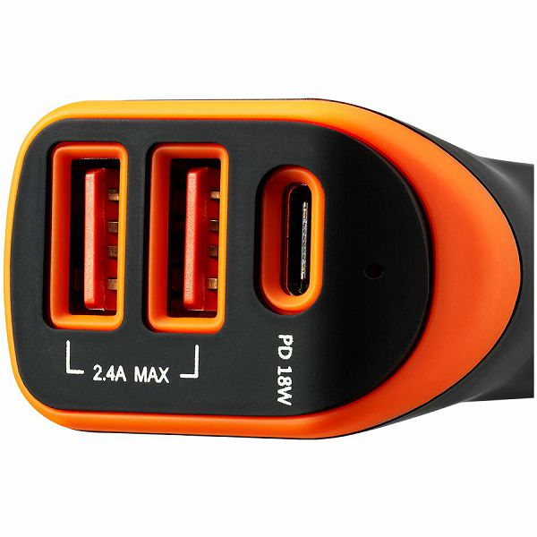 CANYON Universal 3xUSB car adapter, Input 12V-24V, Output DC USB-A 5V/2.4A(Max) + Type-C PD 18W, with Smart IC, Black+Orange with rubber coating, 71*39*26.2mm, 0.028kg