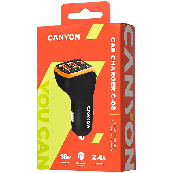 CANYON Universal 3xUSB car adapter, Input 12V-24V, Output DC USB-A 5V/2.4A(Max) + Type-C PD 18W, with Smart IC, Black+Orange with rubber coating, 71*39*26.2mm, 0.028kg