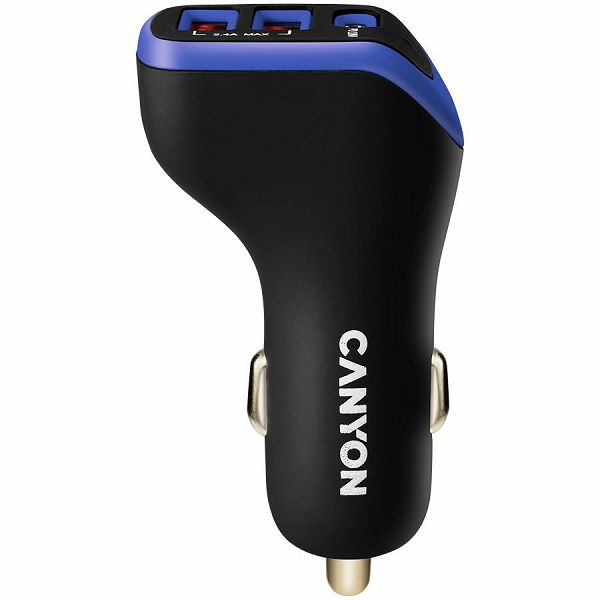 CANYON C-08, Universal 3xUSB car adapter, Input 12V-24V, Output DC USB-A 5V/2.4A(Max) + Type-C PD 18W, with Smart IC, Black+Purple with rubber coating, 71*39*26.2mm, 0.028kg