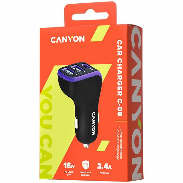 CANYON C-08, Universal 3xUSB car adapter, Input 12V-24V, Output DC USB-A 5V/2.4A(Max) + Type-C PD 18W, with Smart IC, Black+Purple with rubber coating, 71*39*26.2mm, 0.028kg