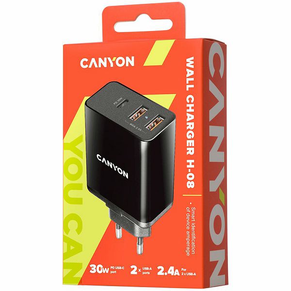 CANYON H-08 Universal 3xUSB AC charger (in wall) with over-voltage protection(1 USB-C with PD Quick Charger), Input 100V-240V, Output USB-A/5V-2.4A+USB-C/PD30W, with Smart IC, Black Glossy Color+orang
