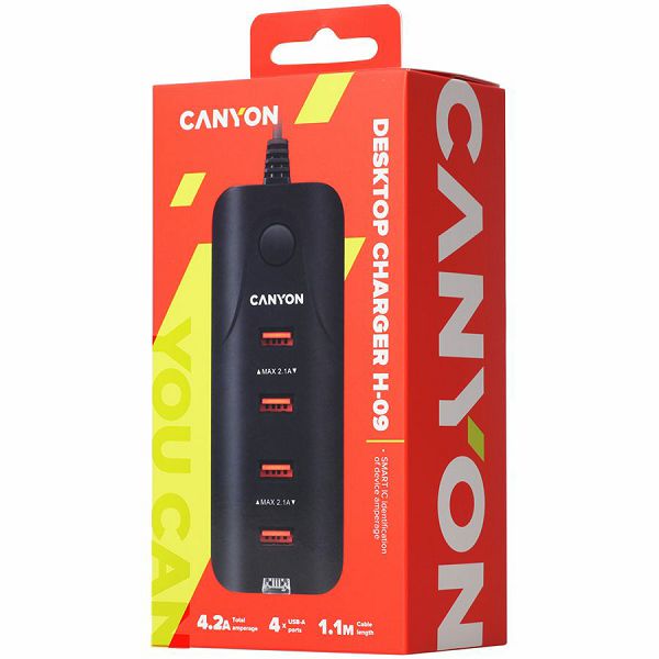 CANYON Universal 4xUSB AC charger (in wall) with over-voltage protection, Input 100V-240V, Output 5V-4.2A, with Smart IC, Black rubber coating+ orange plastic part of USB