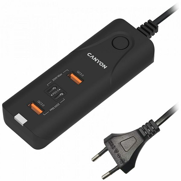 CANYON H-10, Wall charger. CNE-CHA10B Input: 100-240V~50/60Hz 1.0A Max Output1/Output2: DC USB-A QC3.0 5.0V/3.0A,9.0V/2.0A,12.0V/1.5A 18.0W(Max)USB-C PD 5.0V/3.0A,9.0V/2.22A,12.0V/1.67A 20.0W(Max)USB-