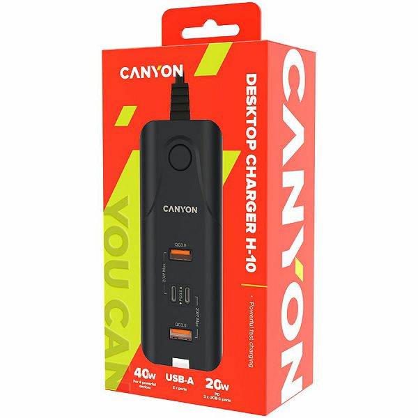 CANYON H-10, Wall charger. CNE-CHA10B Input: 100-240V~50/60Hz 1.0A Max Output1/Output2: DC USB-A QC3.0 5.0V/3.0A,9.0V/2.0A,12.0V/1.5A 18.0W(Max)USB-C PD 5.0V/3.0A,9.0V/2.22A,12.0V/1.67A 20.0W(Max)USB-