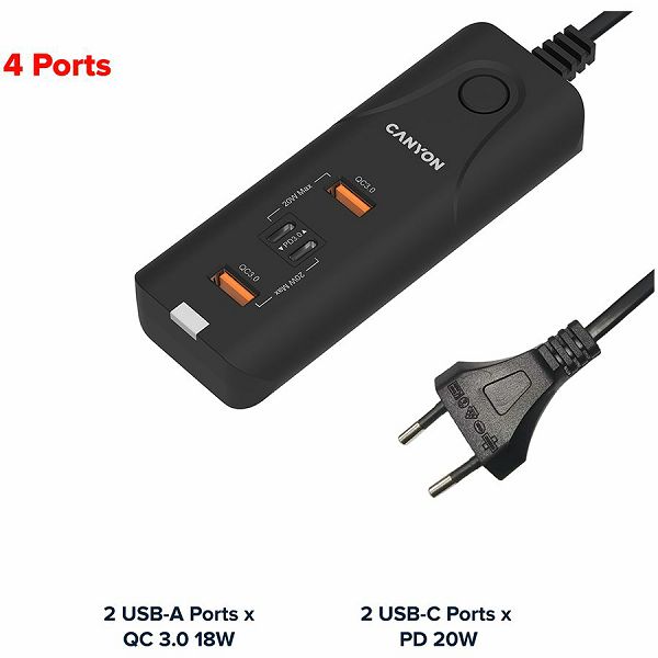 CANYON H-10, Wall charger. CNE-CHA10B Input: 100-240V~50/60Hz 1.0A Max Output1/Output2: DC USB-A QC3.0 5.0V/3.0A,9.0V/2.0A,12.0V/1.5A 18.0W(Max)USB-C PD 5.0V/3.0A,9.0V/2.22A,12.0V/1.67A 20.0W(Max)USB-