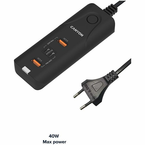 CANYON H-10, Wall charger. CNE-CHA10B Input: 100-240V~50/60Hz 1.0A Max Output1/Output2: DC USB-A QC3.0 5.0V/3.0A,9.0V/2.0A,12.0V/1.5A 18.0W(Max)USB-C PD 5.0V/3.0A,9.0V/2.22A,12.0V/1.67A 20.0W(Max)USB-