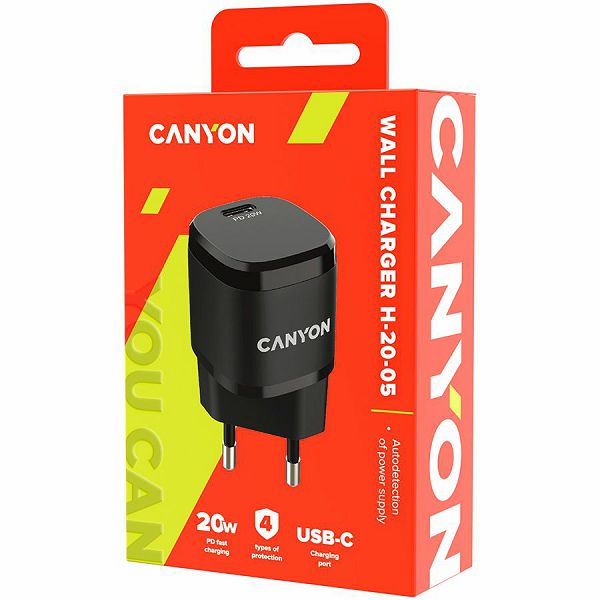 CANYON H-20-05, PD 20W Input: 100V-240V, Output: 1 port charge: USB-C:PD 20W (5V3A/9V2.22A/12V1.66A) , Eu plug, Over- Voltage ,  over-heated, over-current and short circuit protection Compliant with C