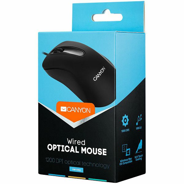 CANYON Wired Optical Mouse with 3 buttons, 1200 DPI optical technology for precise tracking, black, cable length 1.5m, 108*65*38mm, 0.076kg