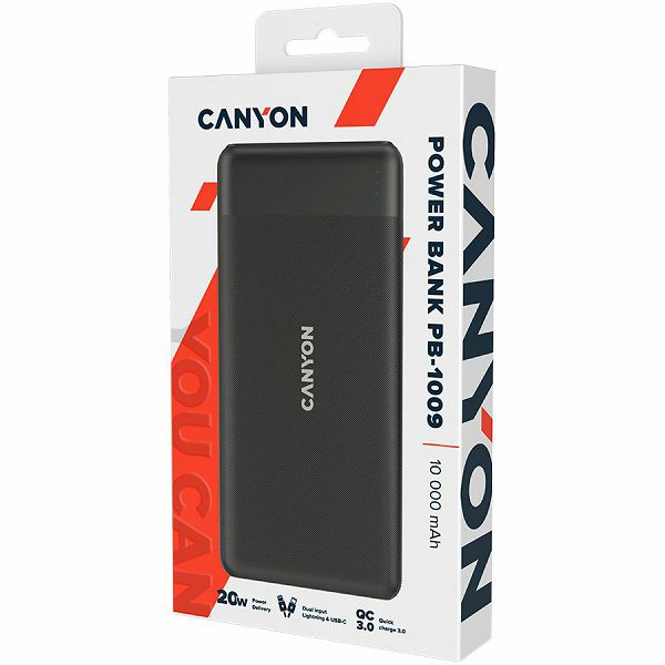 CANYON PB-109 Power bank 10000mAh Li-poly battery, Input Lightning &Type C  : 5V/2A, 9V/2A PD 18W(Max), Output Type C 5V/3A,9V/2.2A,12V/1.5A 20W,  Output USB A:5V3A,9V2A,12V1.5A,18W quick charging cab