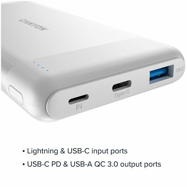 CANYON PB-109 Power bank 10000mAh Li-poly battery, Input Lightning &Type C  : 5V/2A, 9V/2A PD 18W(Max), Output Type C 5V/3A,9V/2.2A,12V/1.5A 20W,  Output USB A:5V3A,9V2A,12V1.5A,18W quick charging cab